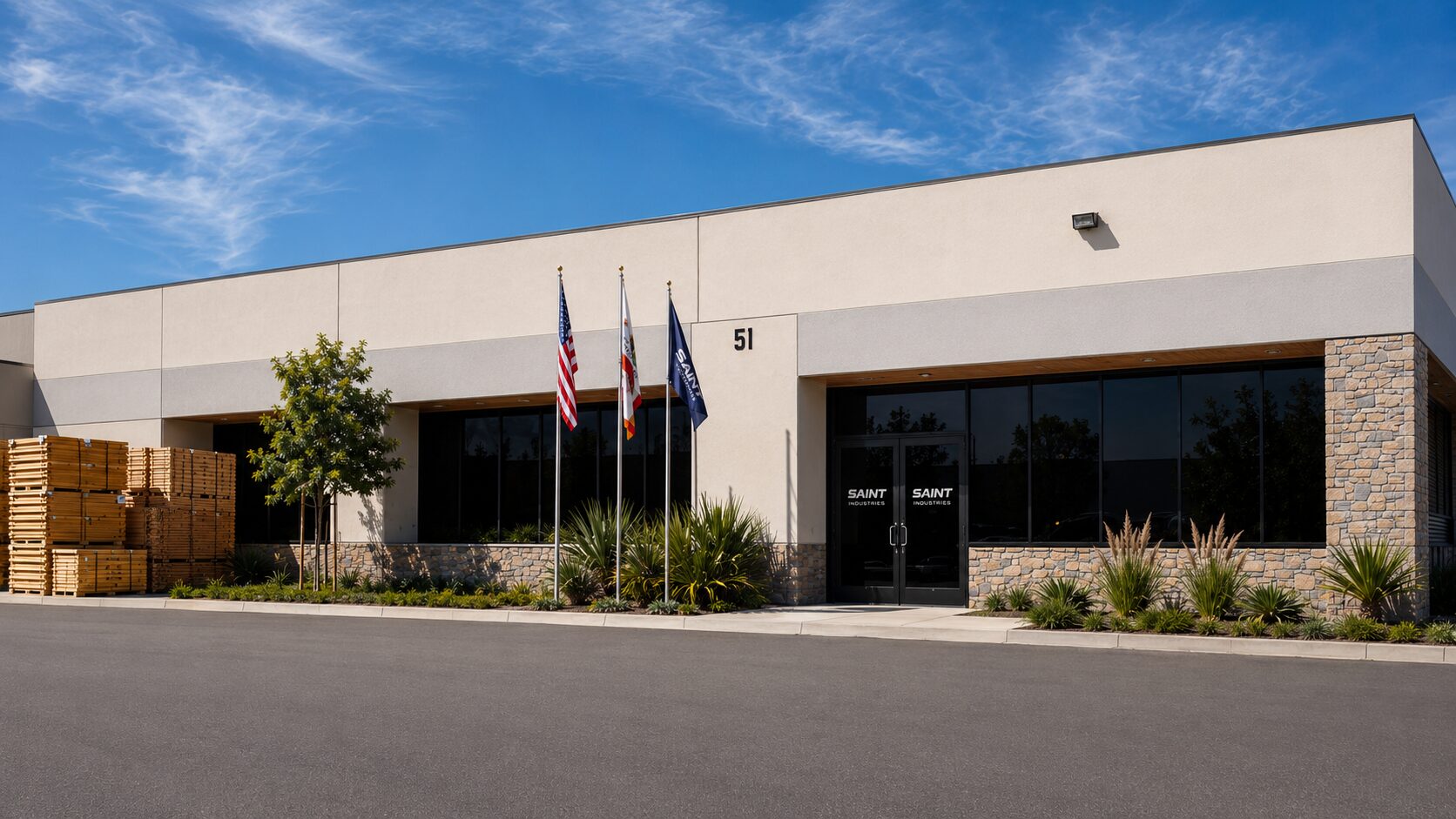 Saint Industries headquarters at 51, angled view of the main entrance with the U.S., California, and Saint Industries flags flying out front