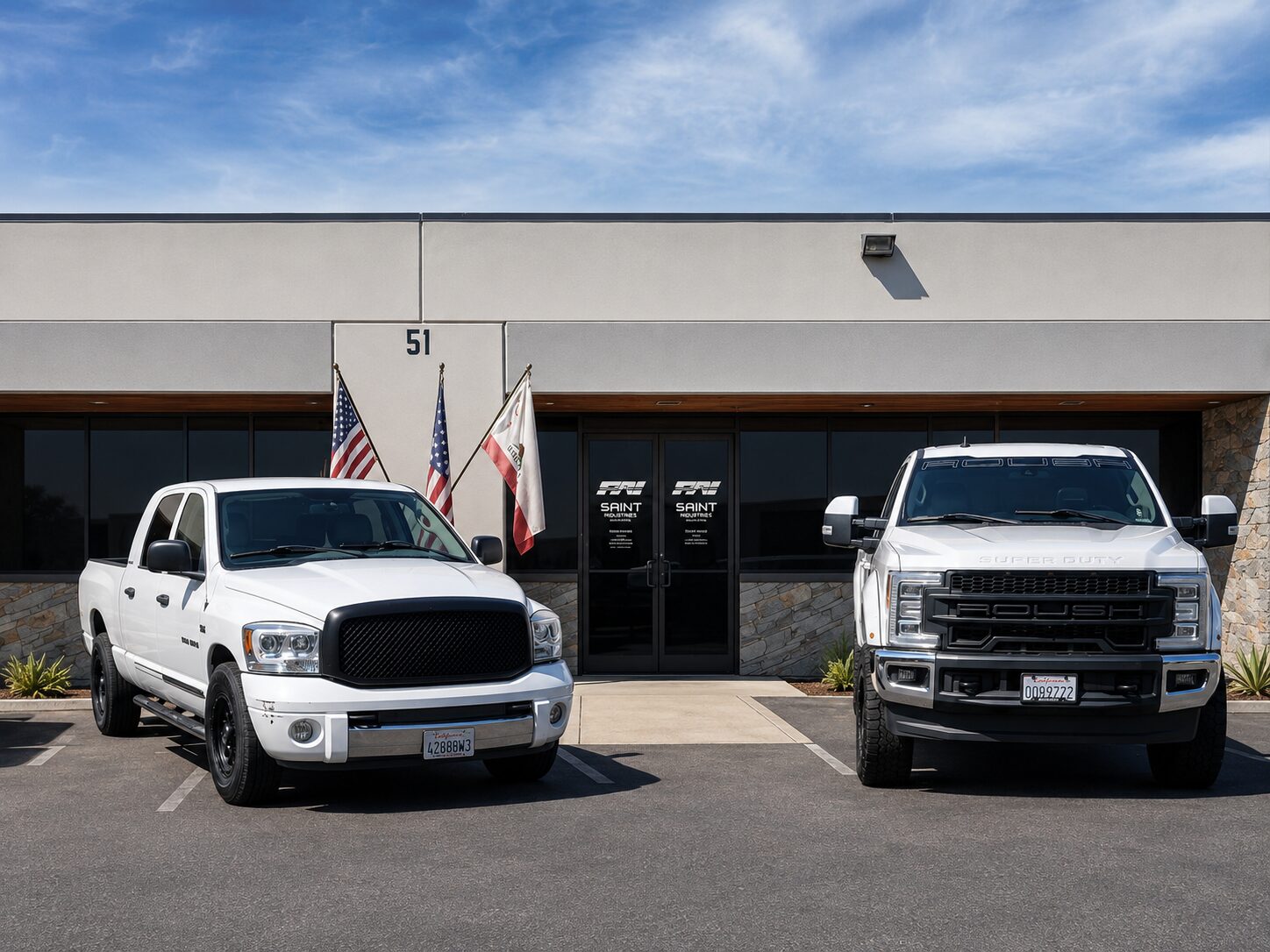 Saint Industries headquarters entrance with two company pickup trucks parked outside