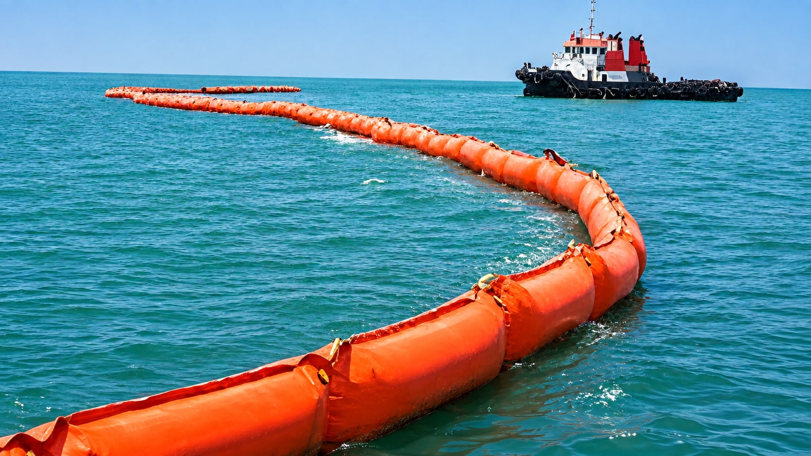 Orange oil containment boom deployed in open water with a support vessel standing by